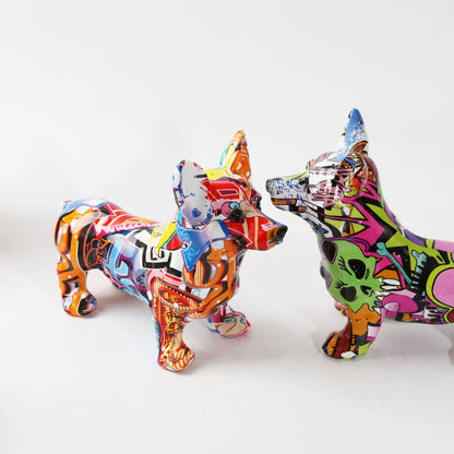 Nordic Graffiti Corgi Resin Statue – Creative Home & Office Decor